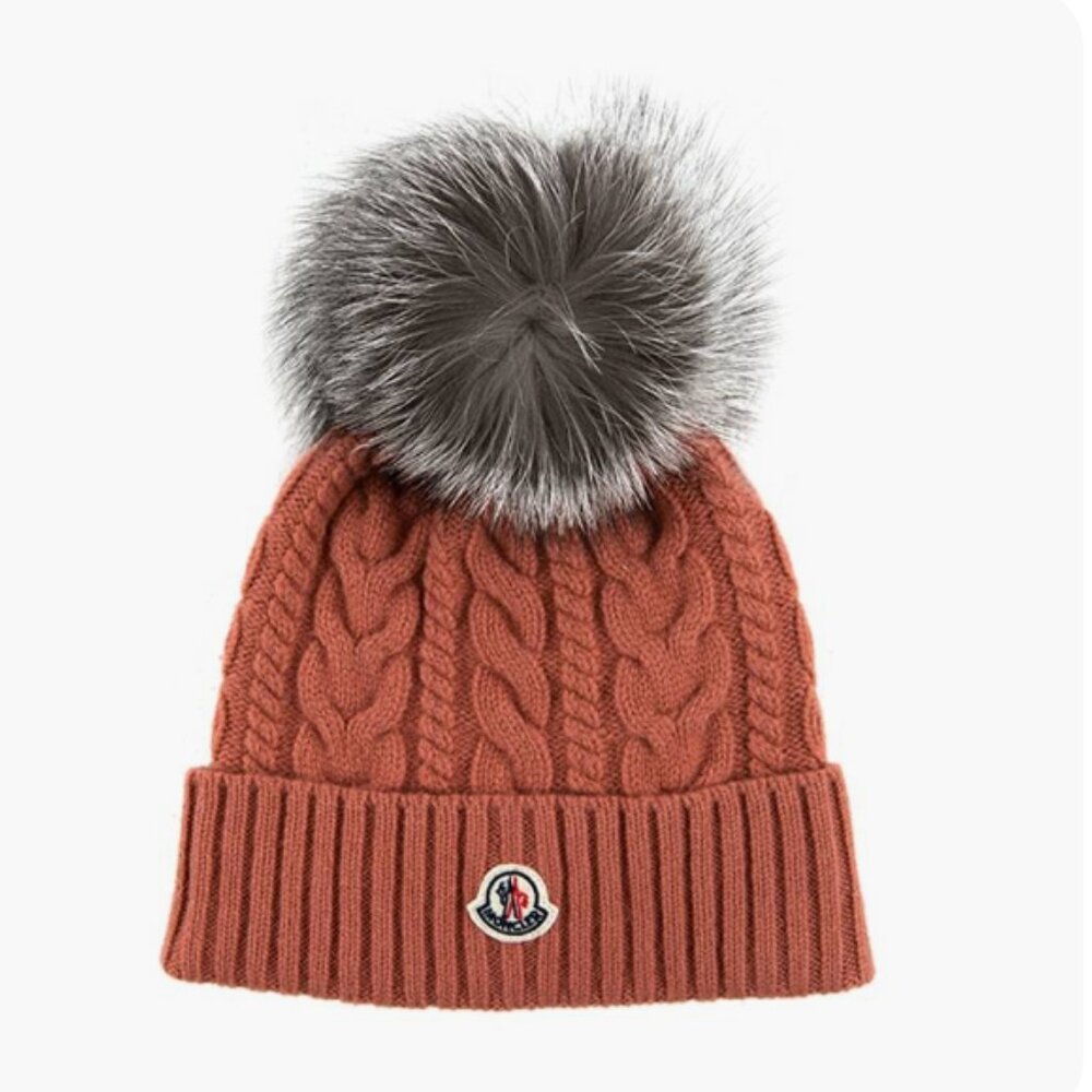 Moncler Ribbed Wool Beanie with Faux Fur Pom